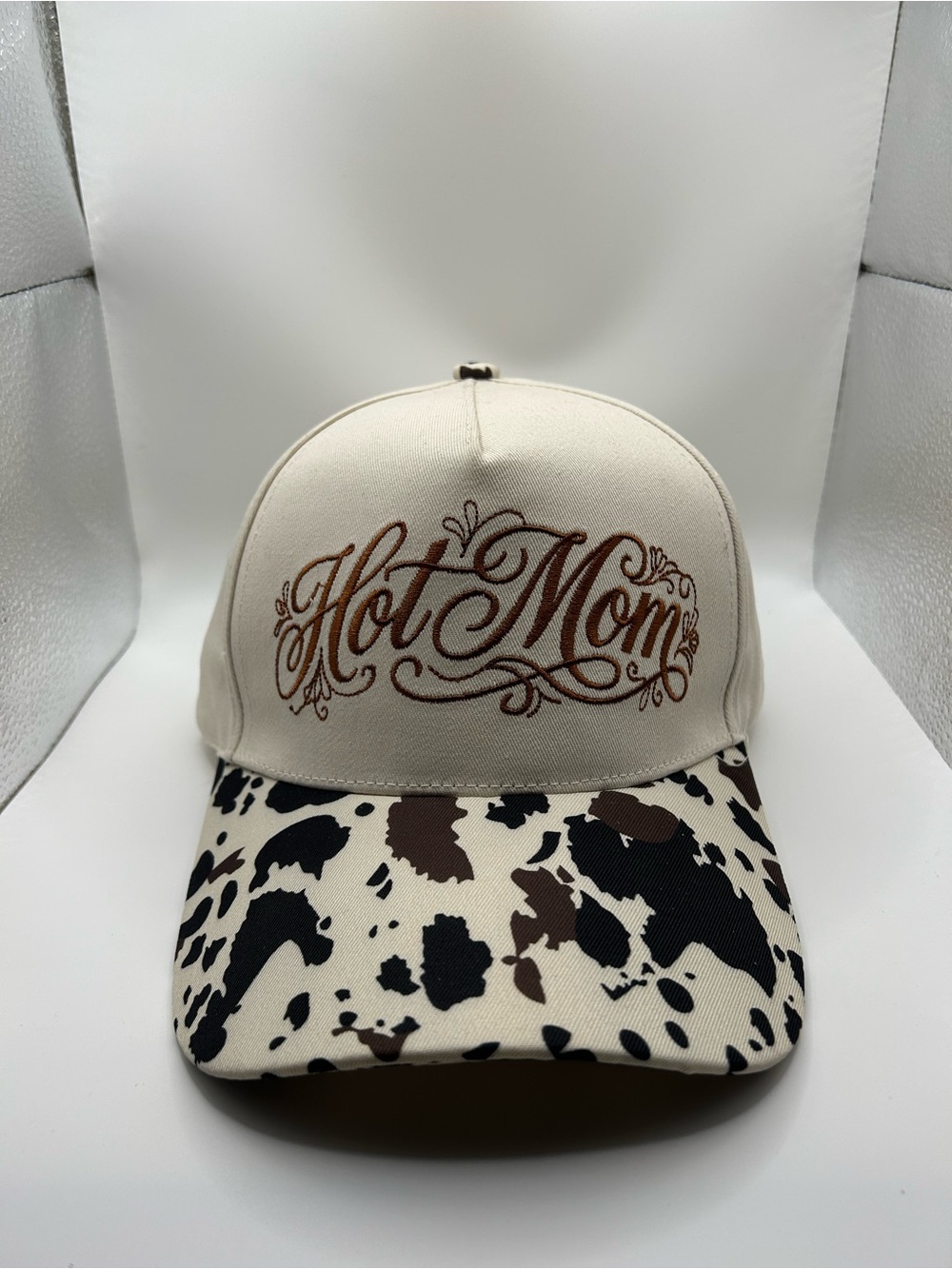 Source Unknown Cream 'Hot Mom' Cap with Brown Script and Cowhide Brim